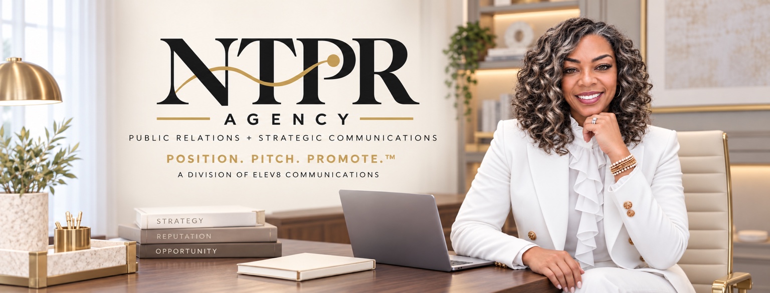 Dr. Naé Thompson seated at her desk beside the NTPR Agency logo and Position. Pitch. Promote. signature